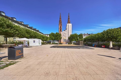 St. Boniface Catholic Church, scaffolding, renovation, concrete paving square, trees, general