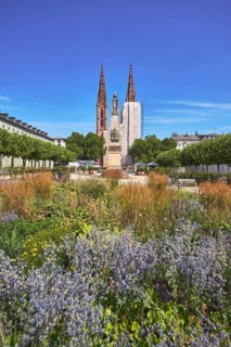 Park, flower bed, plants, Waterloo monument, St. Boniface Catholic Church, scaffolding, renovation,