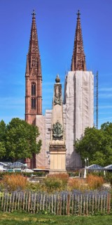 Waterloo monument, St. Boniface Catholic Church, scaffolding, renovation, trees, garden, flower