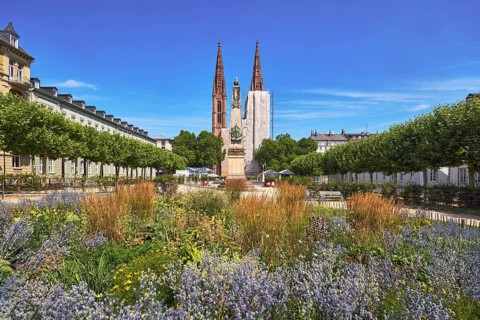 Park, flower bed, plants, Waterloo monument, St. Boniface Catholic Church, scaffolding, renovation,