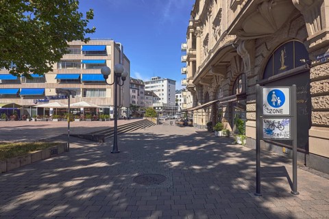 Pedestrian zone, general architecture, buildings, residential buildings and commercial buildings,