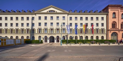 Hessian state parliament, former court marshal office, architectural style classicism, flagpoles,