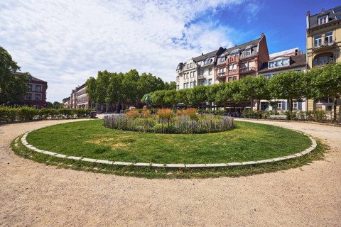 Garden area, round flower bed, lawn, trees, green spaces, paths, general architecture, buildings,