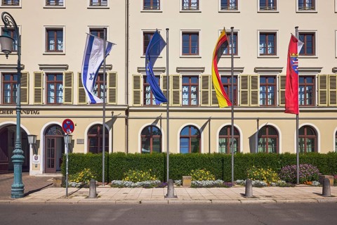 State parliament, flagpoles, flags, Israeli flag, German flag, European flag, Hesse flag, façade