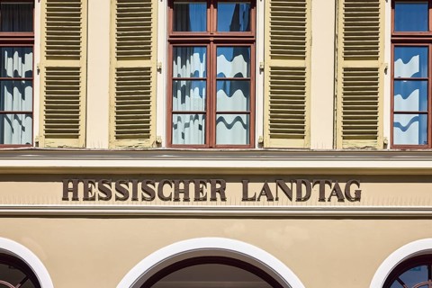 Hessian state parliament, sign state parliament, sunny, Schlossplatz, Wiesbaden, state capital,