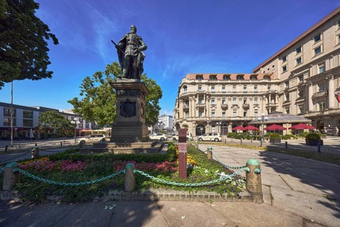 Kaiser Friedrich memorial, flower bed, general architecture, historic building, trees, blue sky,