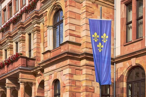 Flag of the city of Wiesbaden, town hall, façade, sandstone building material, architect Georg von