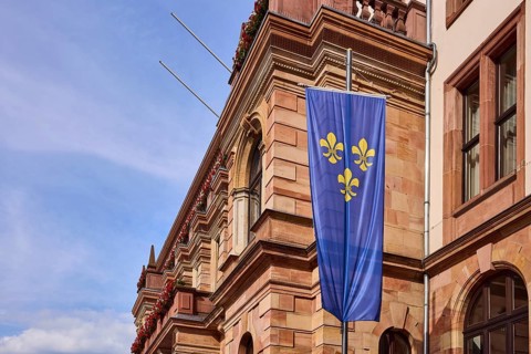Flag of the city of Wiesbaden, town hall, façade, sandstone building material, architect Georg von