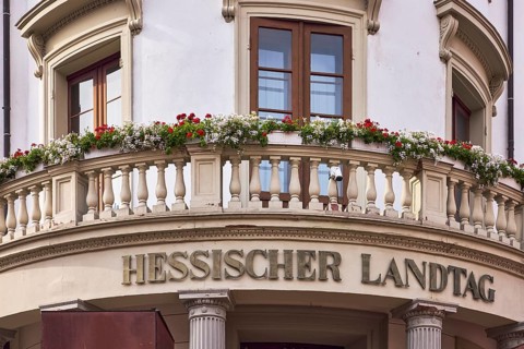 Wilhelmsbau, state parliament, balcony, flower boxes, state parliament sign, former military