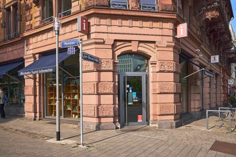 Wiesbaden tourist information, historic commercial building, entrance door, door, lantern, tourist