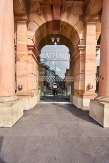 Town hall, entrance, door, round arches, columns, neo-Renaissance style, architect Georg von