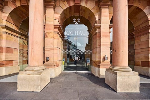 Town hall, entrance, door, round arches, columns, neo-Renaissance style, architect Georg von