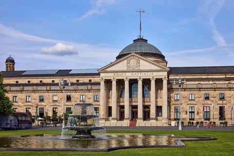 Spa hotel, neo-classical style, architect Friedrich von Thiersch, inscription Aquis Mattiacis,