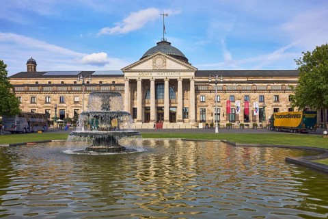 Spa hotel, neoclassicism style, architect Friedrich von Thiersch, inscription Aquis Mattiacis,