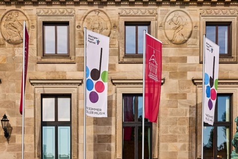 Rheingau Music Festival, spa hotel Wiesbaden, advertising flags on flagpoles, spa hotel, sandstone