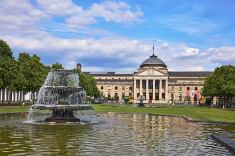 Spa hotel, neo-classical style, architect Friedrich von Thiersch, columns, gardens, trees, lawn,