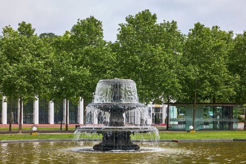 Cascade fountain, green spaces, trees, Platanus × acerifolia (Platanus ×hispanica), lawn, cloudy,