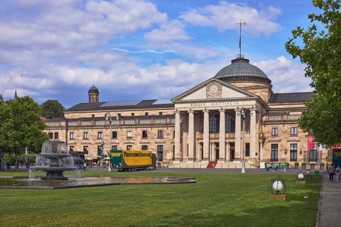 Spa hotel, neo-classical style, architect Friedrich von Thiersch, pillars, green area, bowling