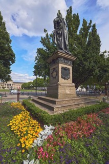 Emperor Frederick Memorial, flower bed, trees, blue sky, cumulus clouds, Wilhelmstraße,