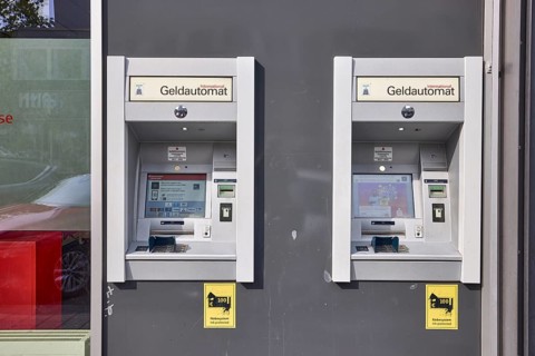 ATM, commercial building, façade, shop window, savings bank, Nassauische Sparkasse, sunny,