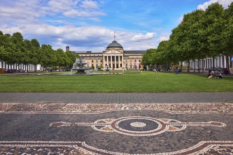 Pavement made of paving stones, mosaic, pattern, spa hotel, gardens, lawn, bowling green, trees,