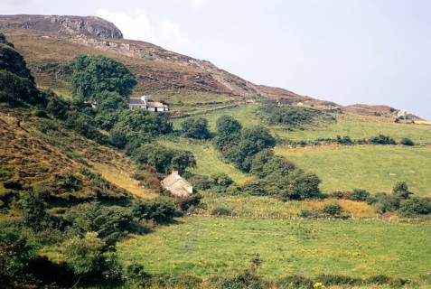 Traditional crofting farming landscape, croft farmhouses in small fields on hillside, County