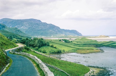 Narrow country road to coastal village of Portnoo, Narin beach, County Donegal, Ireland 1969