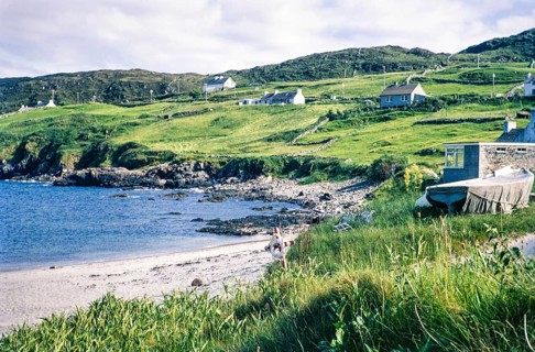 Houses and beach at coastal village of Portnoo, Narin beach, County Donegal, Ireland 1969