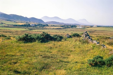Traditional crofting farming landscape, croft farmhouses in small fields, distant mountains, County