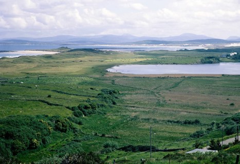 Coastal landscape over Clooney Lake from village of Portnoo, Narin beach, County Donegal, Ireland