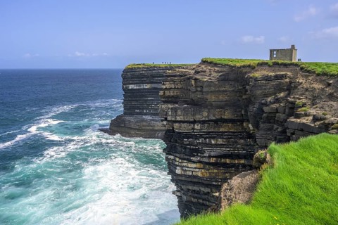 Cliff coast and observation post from World War II at Downpatrick Head, Lackan, County Mayo,