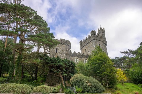 Castle seen from boat dock, Glenveagh National Park, Cross Roads, County Donegal, Ireland