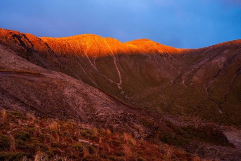 Volcanic landscape, Tama Lake Walk (Tama Lakes Track), evening light, sunset. Tongariro National