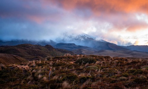 Volcanic landscape, Tama Lake Walk (Tama Lakes Track), Mt Ruapehu in clouds, evening light, sunset.