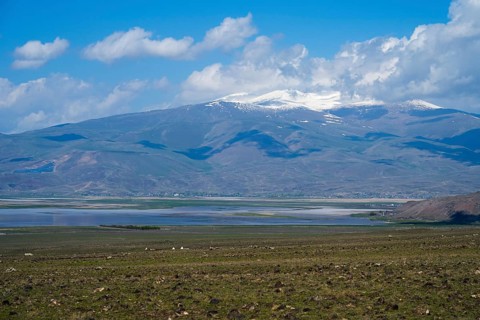 A large lake with snow-capped mountains on the horizon under blue sky, Dogubayazit swamps, wetland