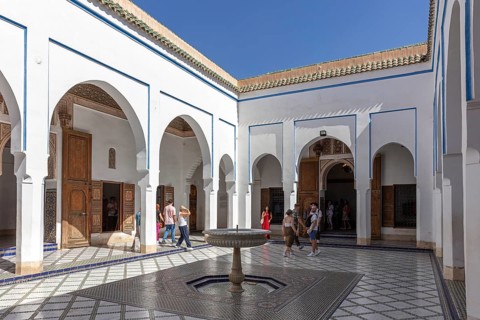 Open courtyard with fountain and arcades surrounded by traditional architecture, Bahia Palace in
