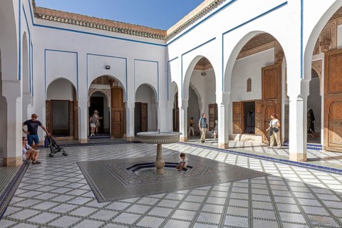 Moroccan courtyard with typical arches and fountains decorated with tiles at home in the sun, Bahia