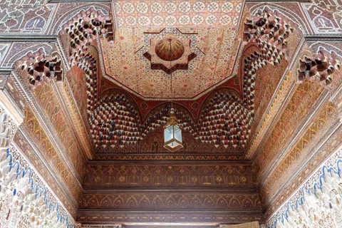 Magnificent, detailed vaulted ceiling full of geometric patterns and wooden elements, Bahia Palace