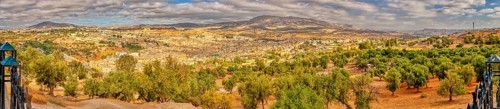 Wide mountain landscape with olive groves under a vast sky