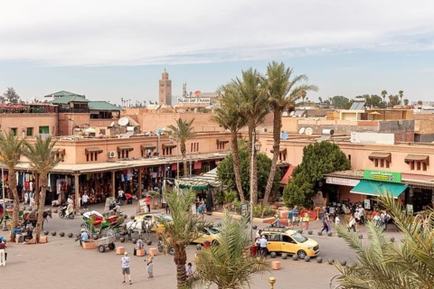 Bustling market scene with palm trees and buildings, a minaret and a blue sky in the background