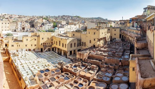 Traditional tannery in Fez under clear skies with numerous leather troughs