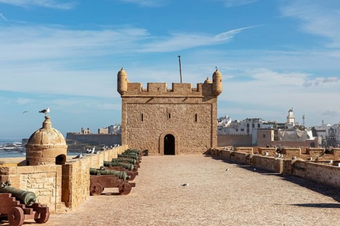 Historic fortress with cannons surrounded by a stone wall with a view of the sea under a blue sky