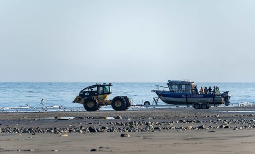 Motor boat on a boat trailer is driven into water by a tractor on a beach, Anchor Point, Alaska,