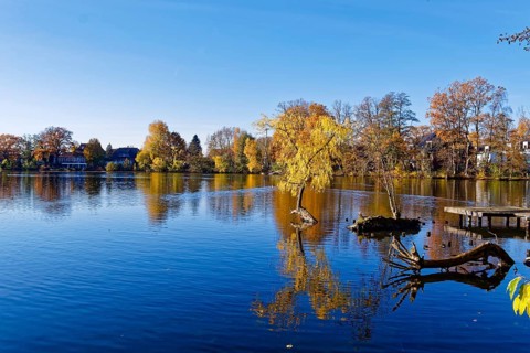 Autumn colors and a fishing platform on Sandbrack, a lake in the Kirchwerder district of Hamburg.