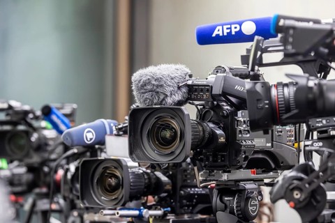 Cameras from various television stations are prepared for a press conference. Stuttgart,