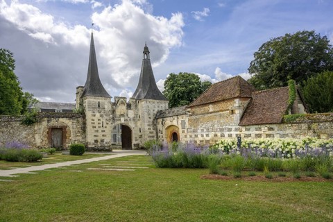 Double tower with entrance gate at the Abbey of, Le Bec-Hellouin, Eure, France