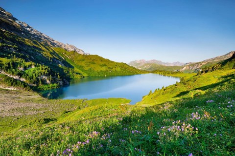 Engstlensee near Engstlenalp with Rothorn and Glogghues in the background, Canton of Bern,