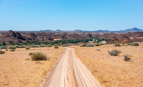 Sand track through desert landscape, Brandberg, Erongo, Damaraland, Namibia