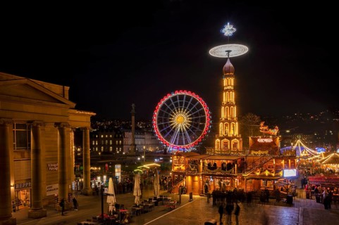 Night view, Christmas market with Christmas pyramid, Ferris wheel, New Palace, Schlossplatz,