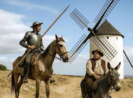 Don Quixote, Don Quixote rides in rusty armor on his rickety horse Rosinante, next to him Sancho